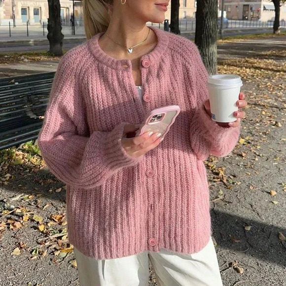 Pink Casual Women's Open Button-Front Loose Long Sleeve Knitted Cardigan - Picture 3 of 9